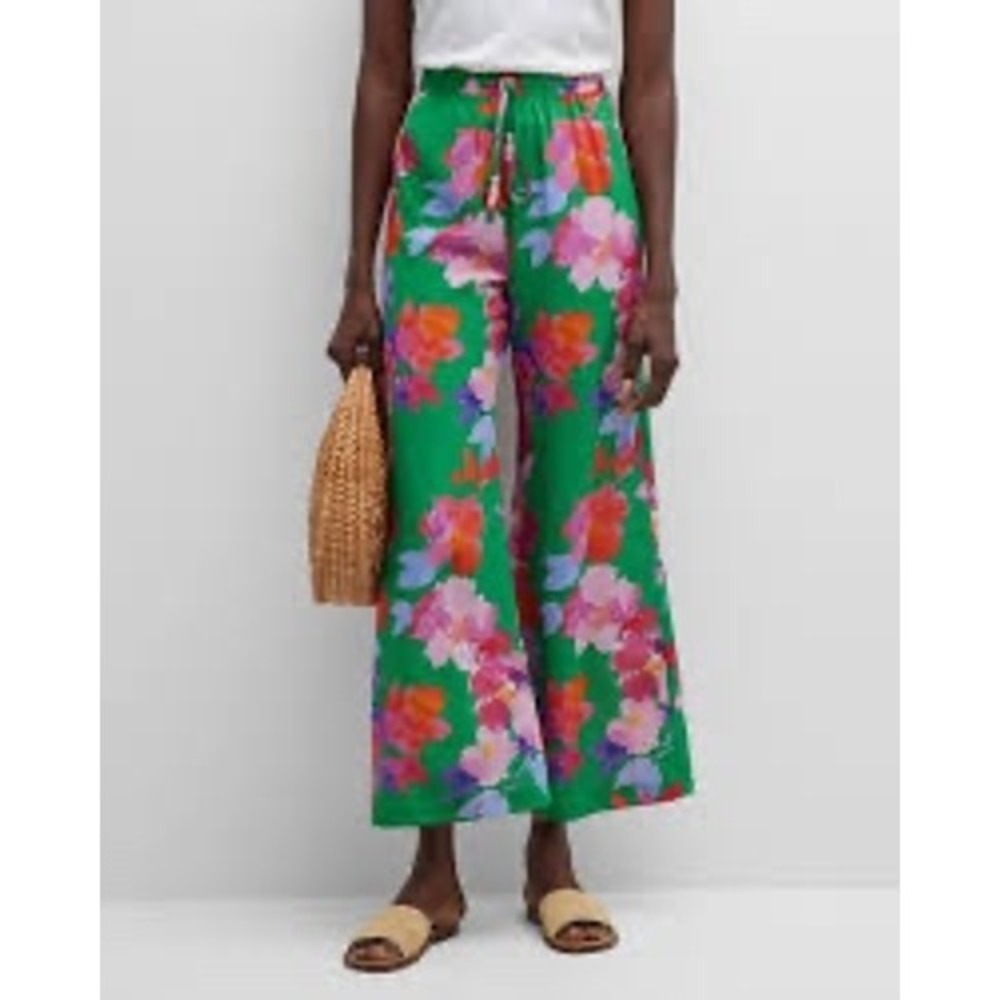 Johnny Was Nadine Green Floral Print Silk Pants Size Medium